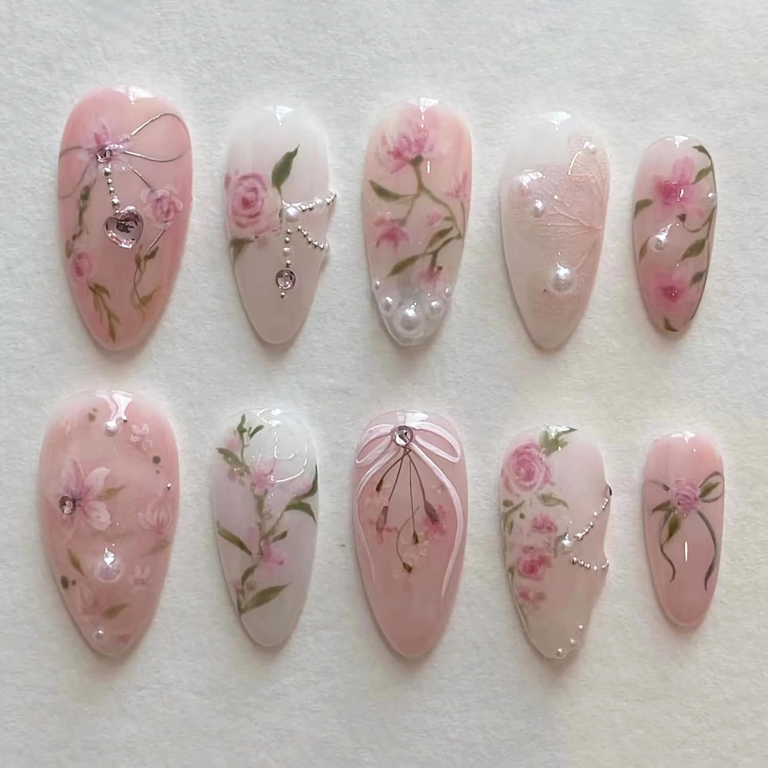 Almond Press on Nails Medium Fake Nails Pink Glue on Nails Flower Heart Charm Design Acrylic Nails 24Pcs Coquette Handmade False Nails