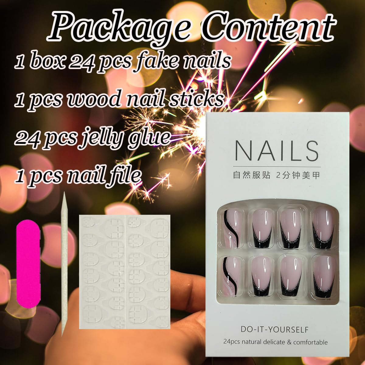 French Tip Press on Nails Medium Square Fake Nails French Black Nails Tip with Silver Glitter Line Design False Nails Stripe Full Cover Artificial Acrylic Nails Glue on Nails for Women DIY Manicure