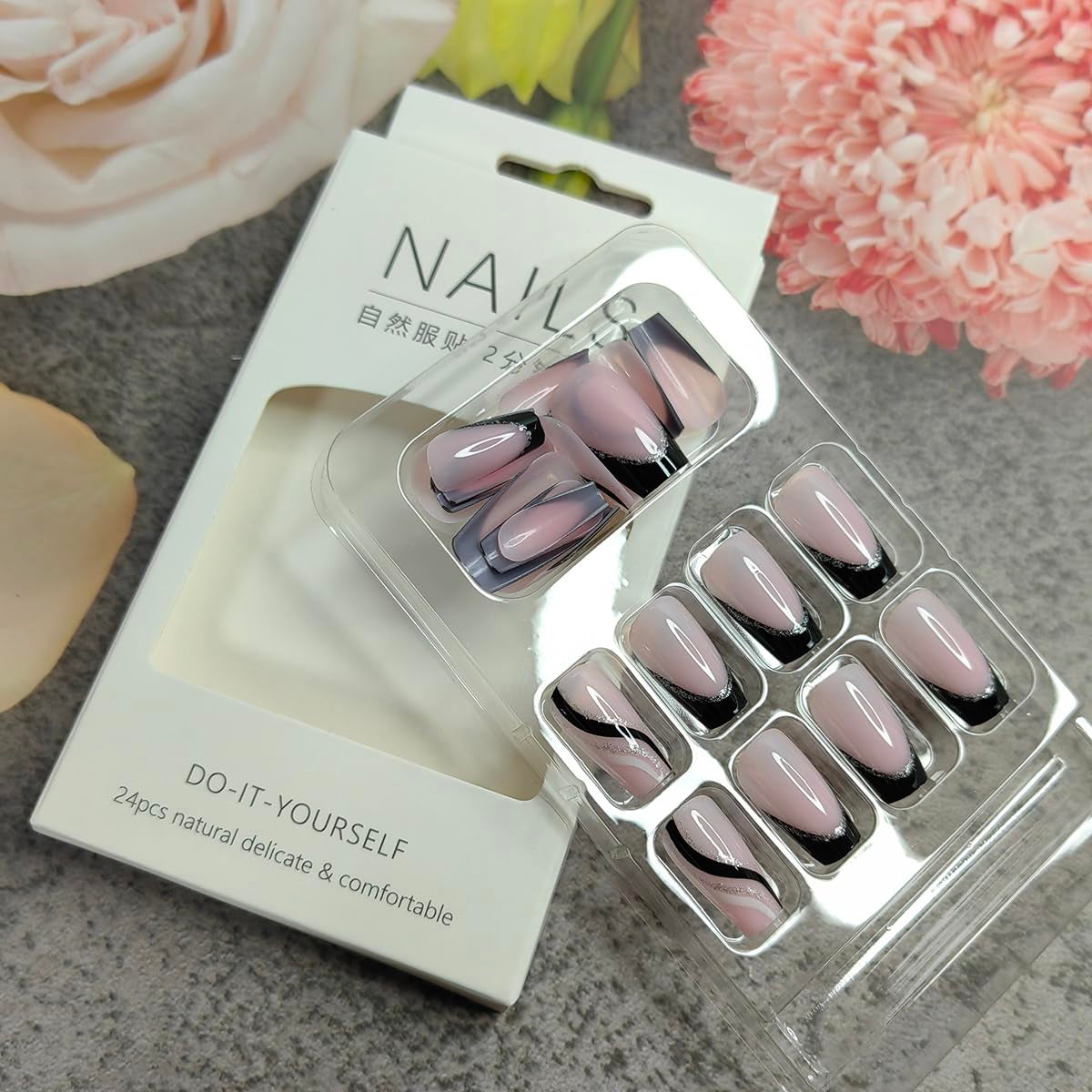 French Tip Press on Nails Medium Square Fake Nails French Black Nails Tip with Silver Glitter Line Design False Nails Stripe Full Cover Artificial Acrylic Nails Glue on Nails for Women DIY Manicure