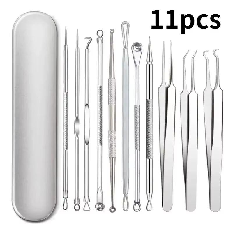 11Pcs Ingrown Hair Tweezers Acne Blackhead Removal Needles Black Dots Cleaner Pore Cleaner Deep Cleansing Face Skin Care Tools