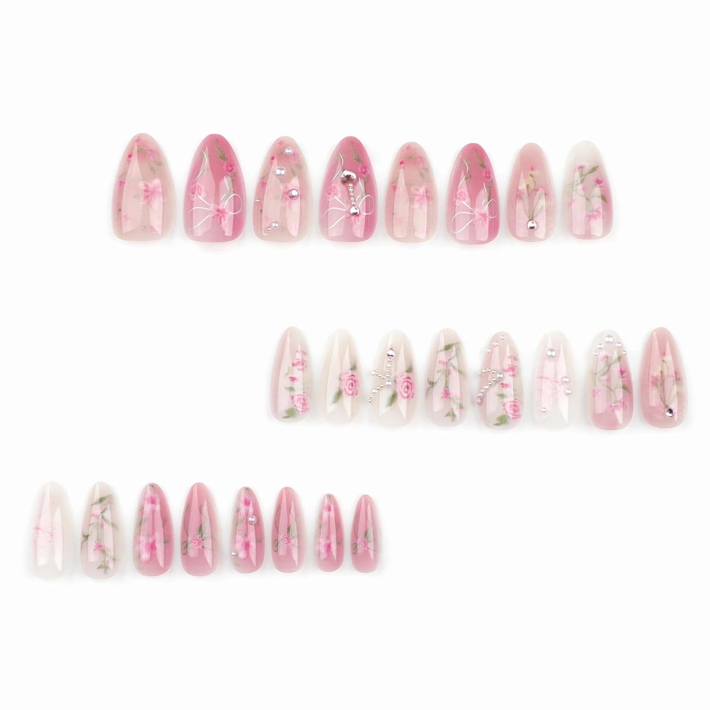 Almond Press on Nails Medium Fake Nails Pink Glue on Nails Flower Heart Charm Design Acrylic Nails 24Pcs Coquette Handmade False Nails